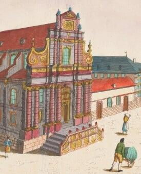 zicht op de voormalige Jezuïetenkerk, thans Saint-Loup (detail) | Johann Christoph Nabholz | 1755-1779 | Rijksmuseum Amsterdam | inv. RP-P-1932-293